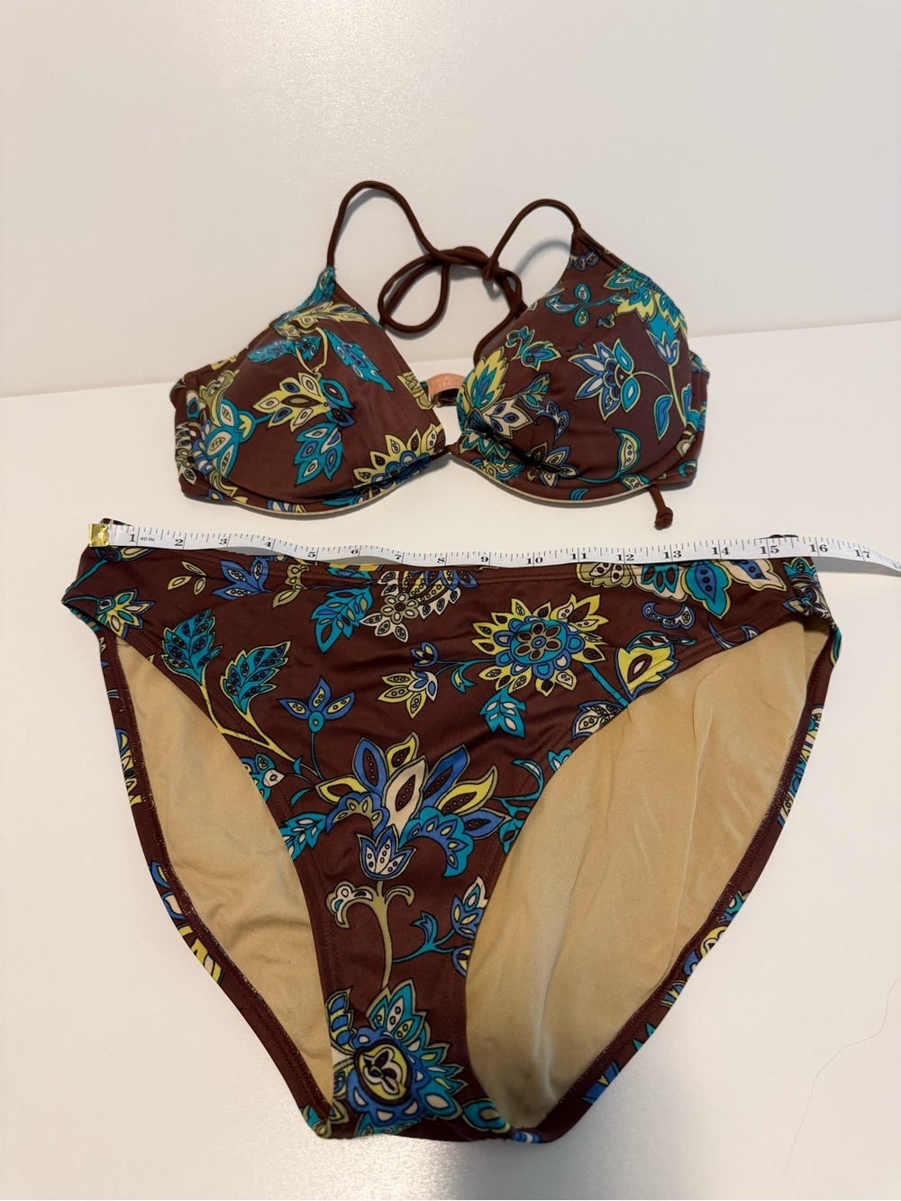 Victoria's Secret Brown Floral Bikini with Teal and Yellow Accents
